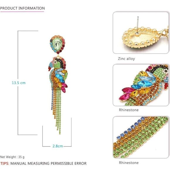 New Long Rainbow Crystal Parrot Earring - Picture 6 of 11
